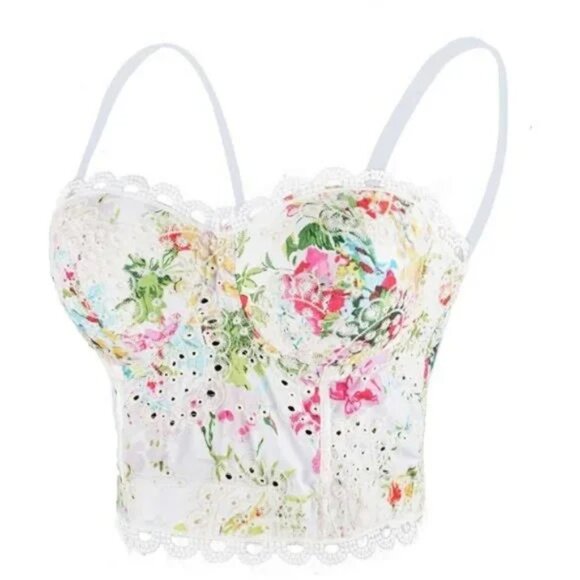 Women's Embroidery Floral Hollow Lace Bustier Crop Top Sexy Corset Bra Top White - Picture 7 of 7